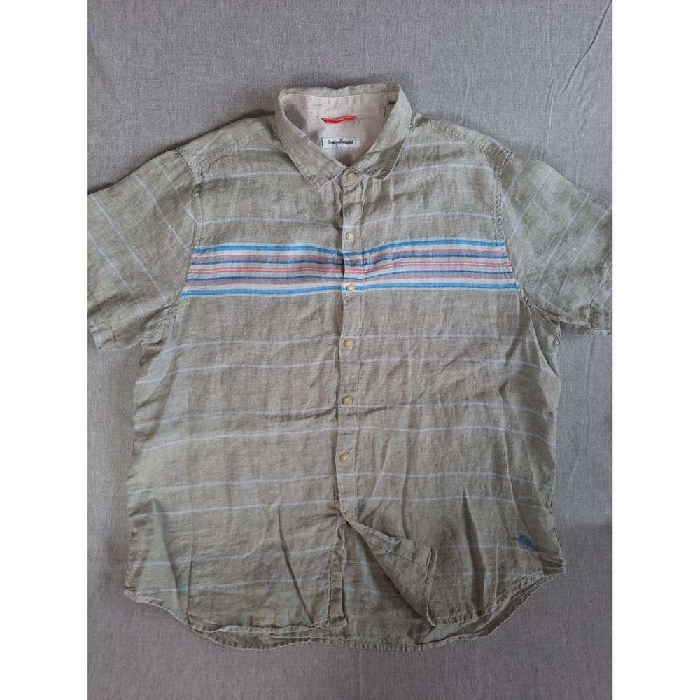 Tommy Bahama Men's XL Stripes Linen Embroider Logo Button Shirt short Sleeve